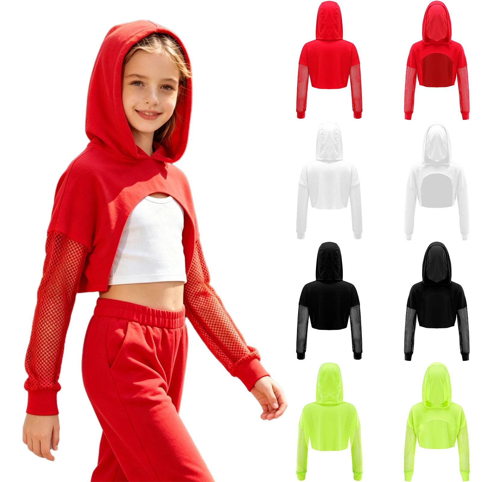 Kids Girls Hip-Hop Jazz Dance Hooded Crop Top Street Performance Costume Drawstring Sheer Mesh Long Sleeve Hoodie Jackets Shirts
