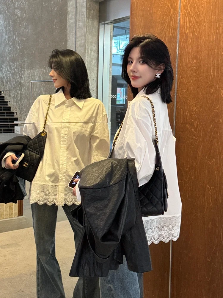 

White Lace Embroidery irt Loose Outerwear with Hem Trim French Sle Cotton Blend Sun Protection Long Sve Casual Top