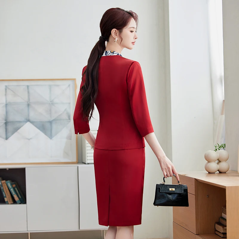 Navu feminino elegante estilo ocidental blazer e saia terno meia manga profissional trabalho wear para gerenciador de hotel recepção verão