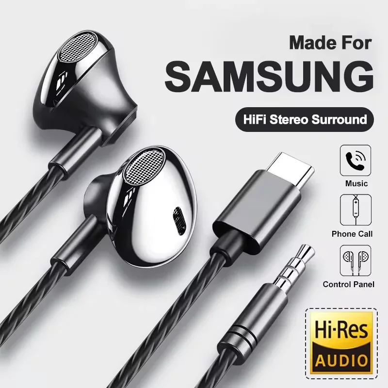 USB Type C headphone HiFi bass stereo volume control mic 3.5mm wired earbuds for Galaxy S24 S23 S22 S21 ultra iPhone 15 Pro Max