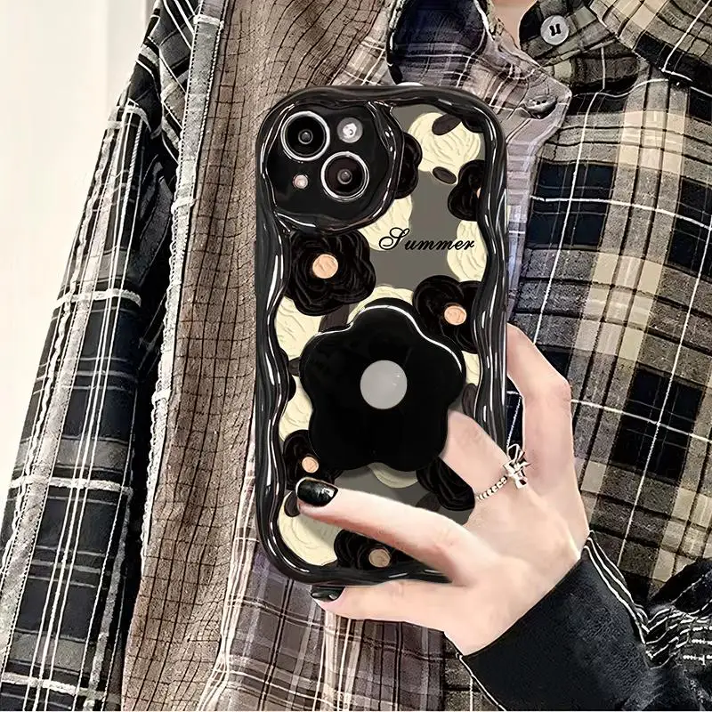 INS Black Flower Holder Phone Case for Infinix Hot 40 Pro 30I 20i 40i 20 30 12 9 Play Note 30 Smart 8 7 TECNO Spark 20 20C Cover