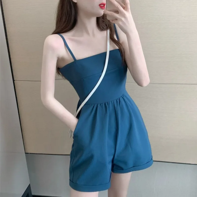 

Women's Clothing Summer Camisole Slash Neck Solid Color Pockets High Waisted High Street Vacation Sexy Jumpsuits Shorts Set