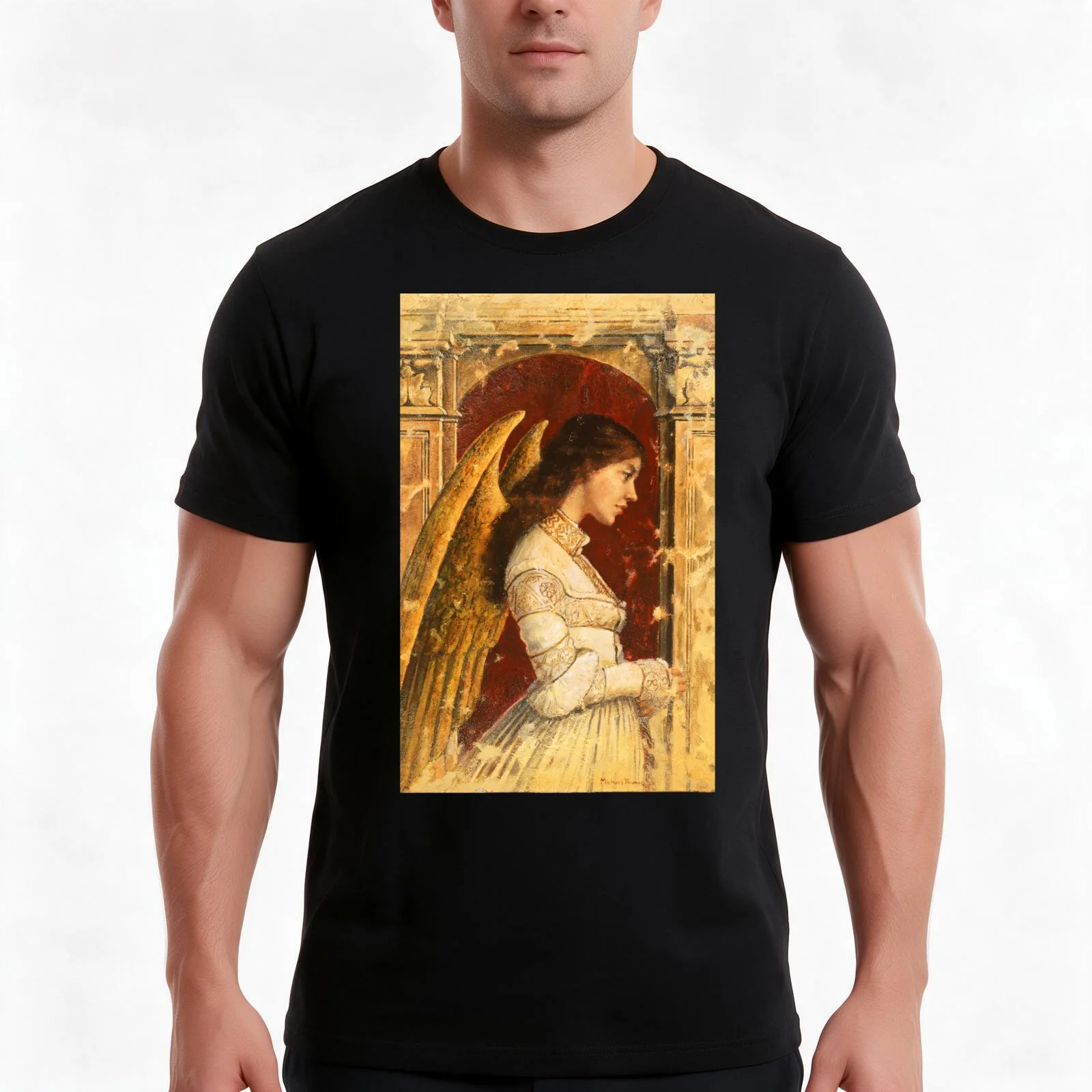Pre-Raphaelite Fresco Angel T-Shirt, Summer Casual Cotton Tee, Oversized Streetwear Tops, Vintage Graphic Print, 100% Cotton