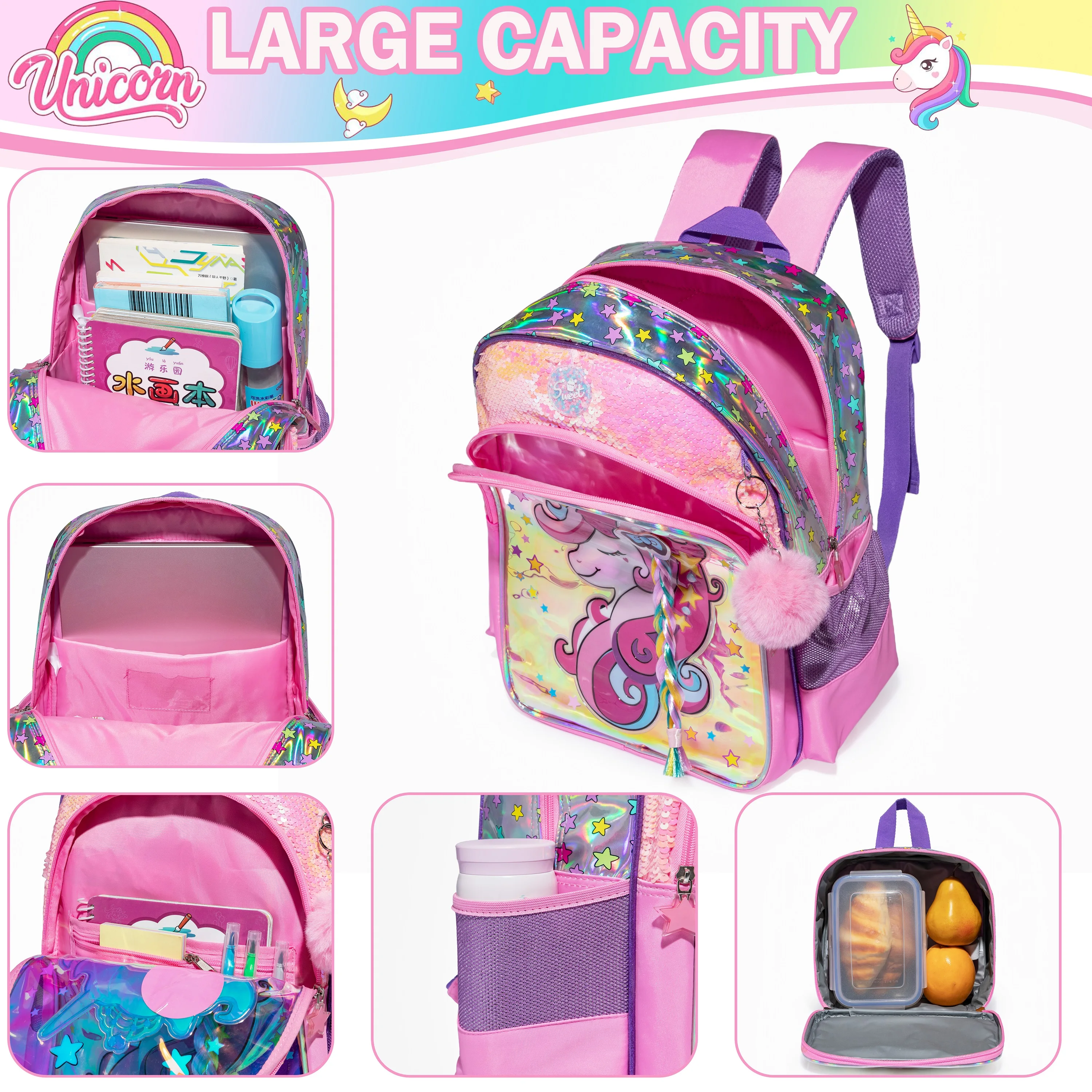 Unicorn School Backpacks for Girls with Lunch Bag Pencil Case Elementary Primary Backpack for Teen Girls