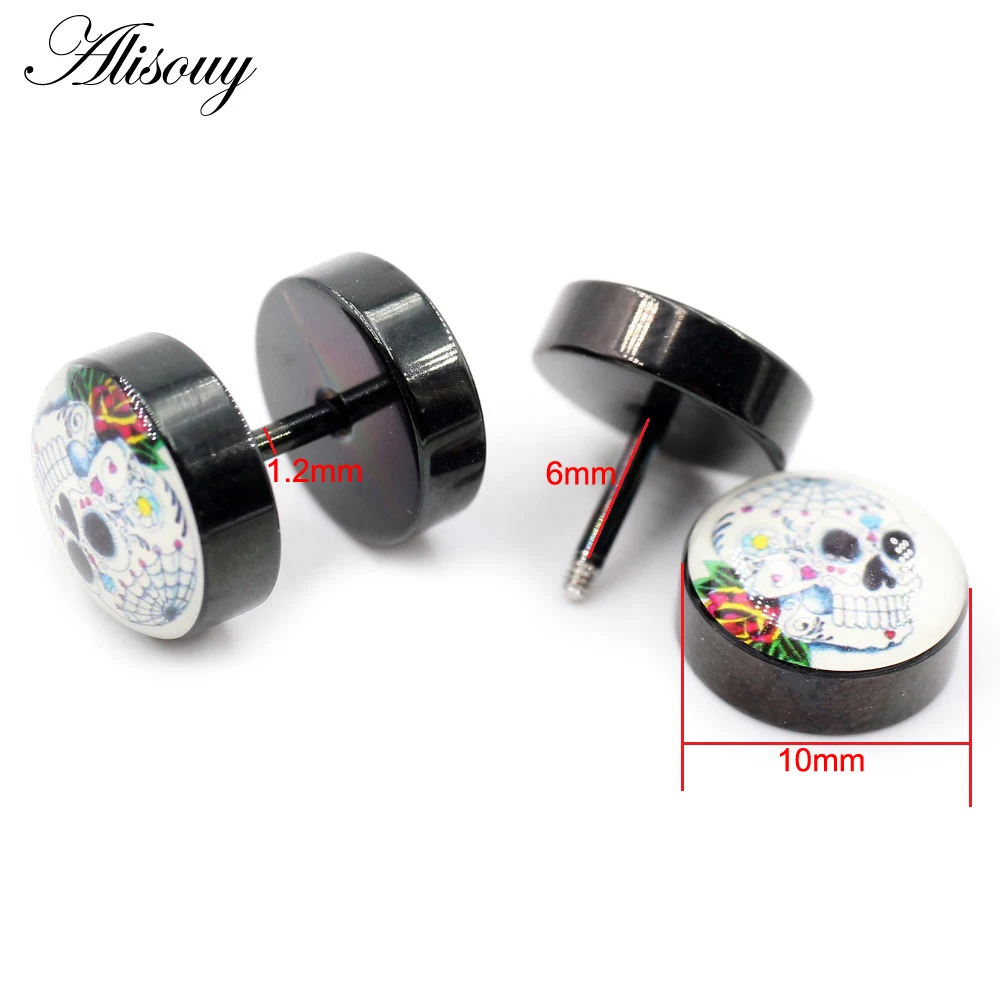 Alisouy 2PC Steel Stud Earring for Men Women Black Skull Ear Stud Barbell Piercing Fashion Fake Ear Plugs Punk Men Earrings