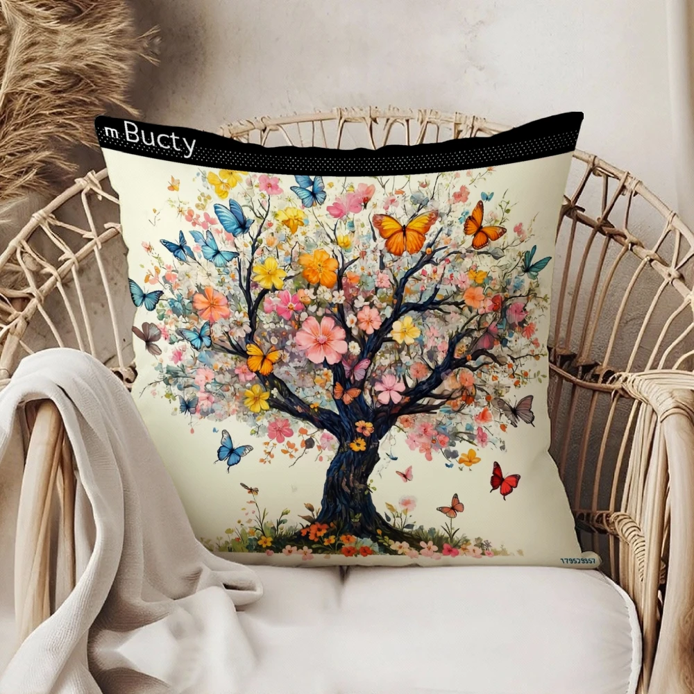 Square Throw Pillow Case Cream White Colorful Flowering Tree With Butterflies Print Decorative Cushion Cover For Living Room Sof