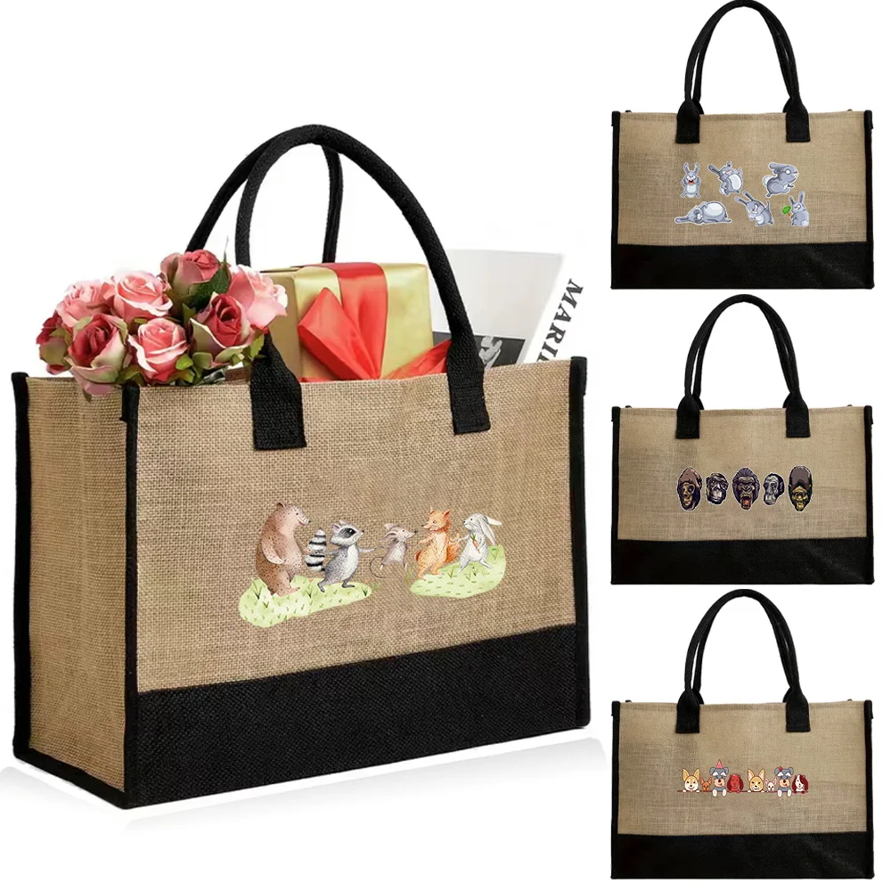 

Vintage Jute Bag Reusable Shopping Bag Lightweight Beach Handbags Shopper Cartoon Pattern High Capacity Top Handle Grocery Bags