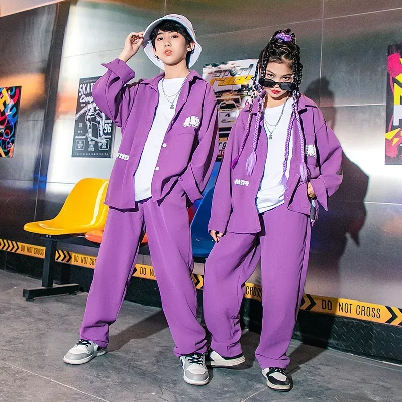 Kinder Street Dance Performance Outfit Lila Anzug Hemd Hosen Kpop Kleidung Jungen Mädchen Hip Hop Jazz Dancewear Streetwear DL10193