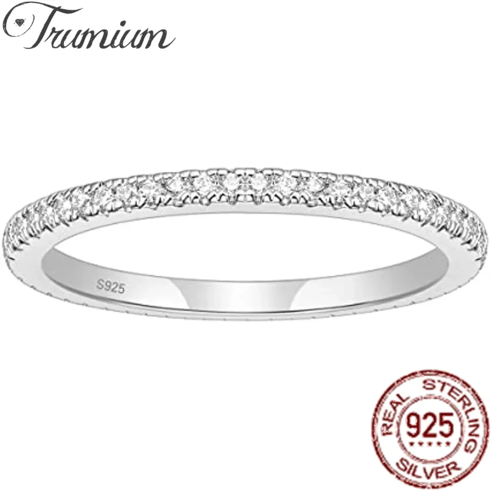 Trumium 2mm Real s925 Sterling Silver Wedding Band Cubic Zirconia Full Eternity Stackable Engagement Rings for Women Girls Gifts