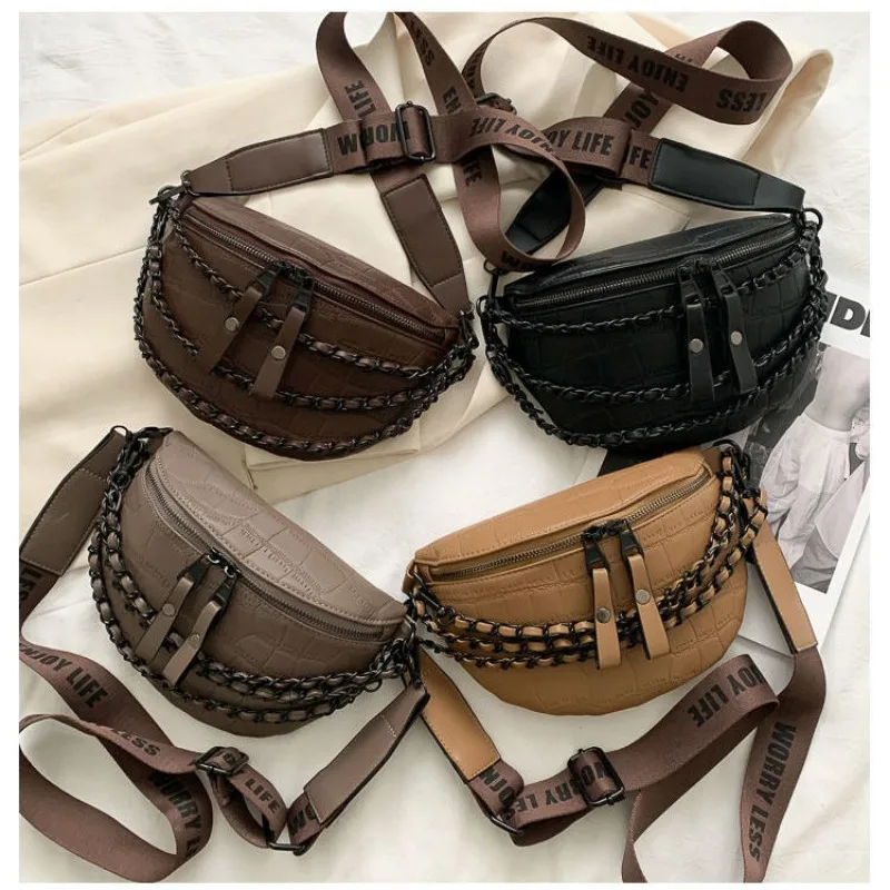 Fashion High Street Chain Crossbody Chest Bag for Ladies Wide Belt Zipper PU Shoulder Satchel Women Travel Purses and Handbags