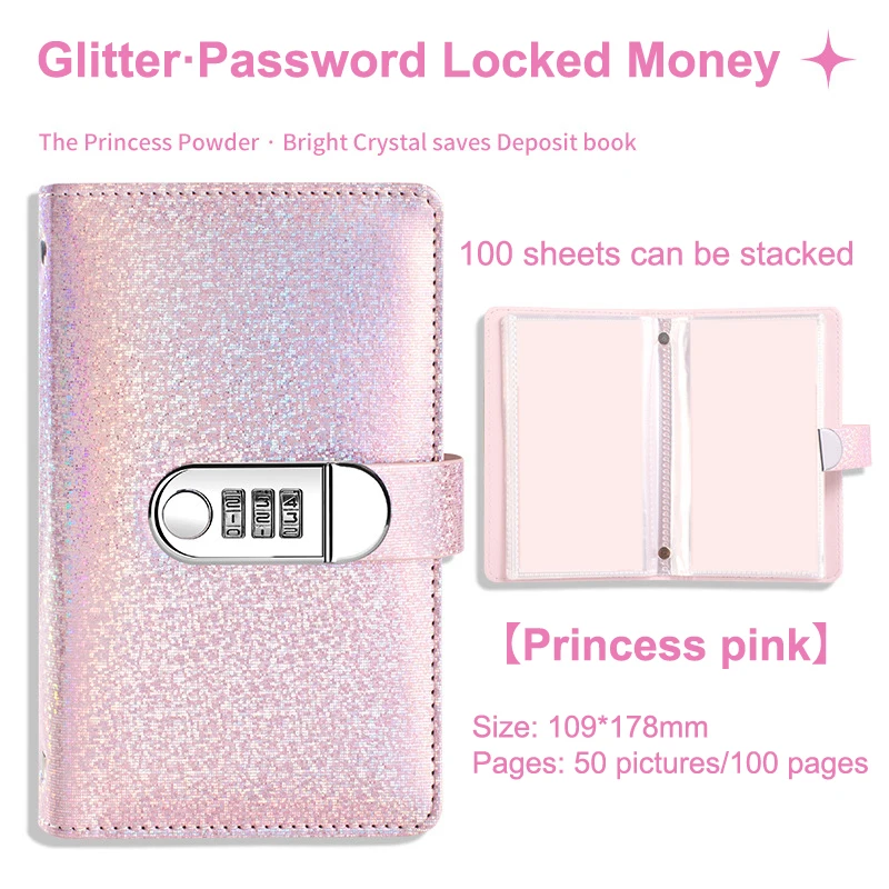 PU Leather 100 Envelopes Challenge Savings Binder Laser Cover With Password Lock Saving Money Notebook Reusable Financial Book