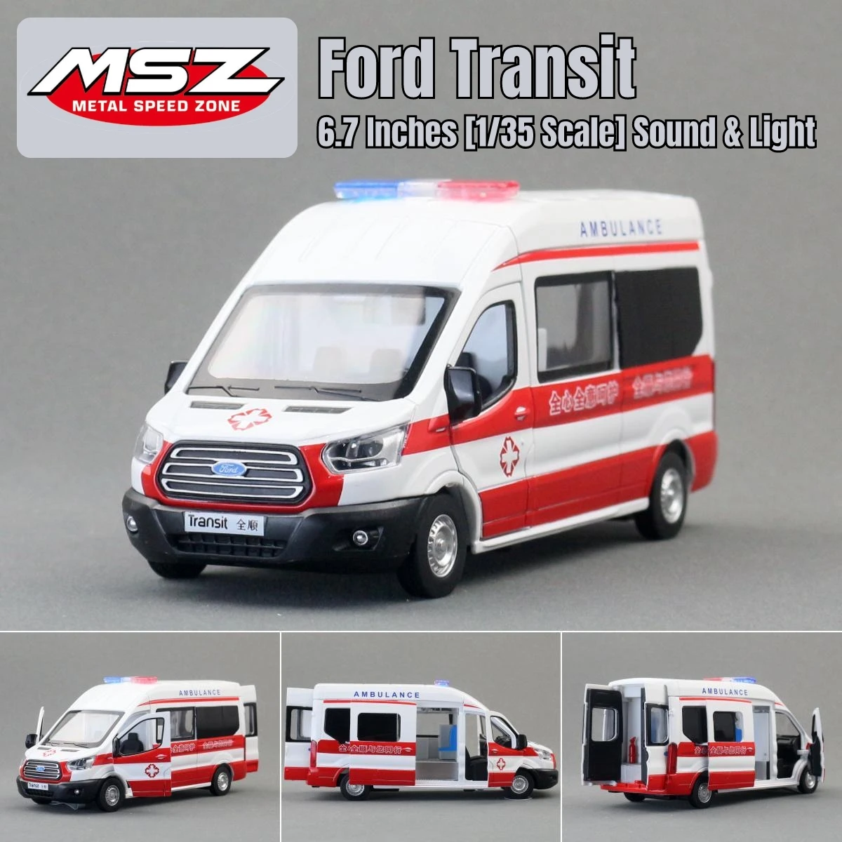 1/35 ford transit ambulância carro de brinquedo para crianças diecast modelo veículo em miniatura puxar para trás som & luz coleção presente menino criança