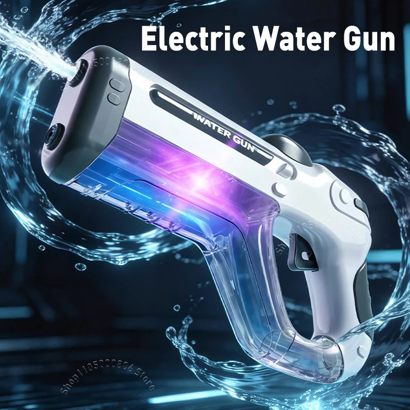 Image of Neue kleine elektrische Wasserpistole, leistungsstarker Wassersprühstrahl, große Reichweite, mit Lichtern, Outdoor-Spielzeugpistole für Kinder im Sommer