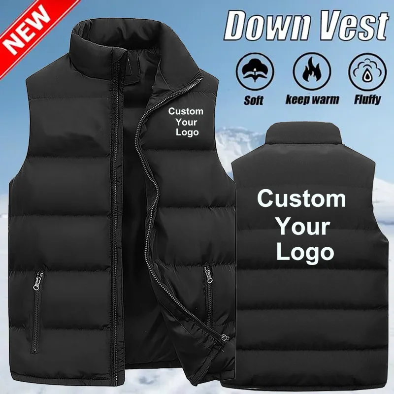 Men\'s Custom Your Logo Zipper Warm Vest Casual Sports Stand Collar Sleeveless Jacket Winter Down Vest