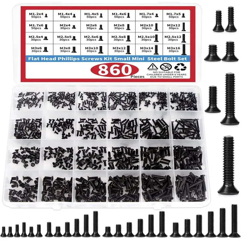 ABYP 860 PCS Small Computer Screws Assortment Kit, Black Tiny Eyeglass Screws M1.2 M1.4 M1.7 M2 M2.5 M3, PC & Laptop SSD Hard