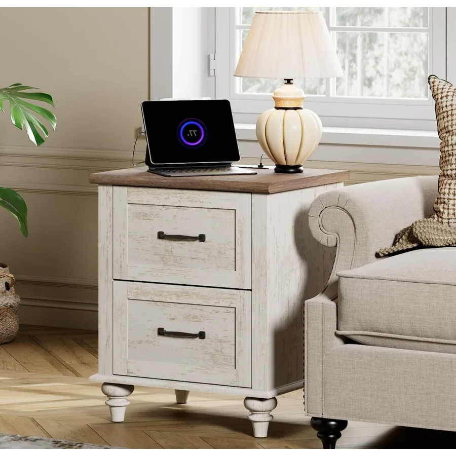 Antique White End Table with 2 Drawers Wooden Side Table Nightstand with Charging Station for Living Room and Bedroom view 2