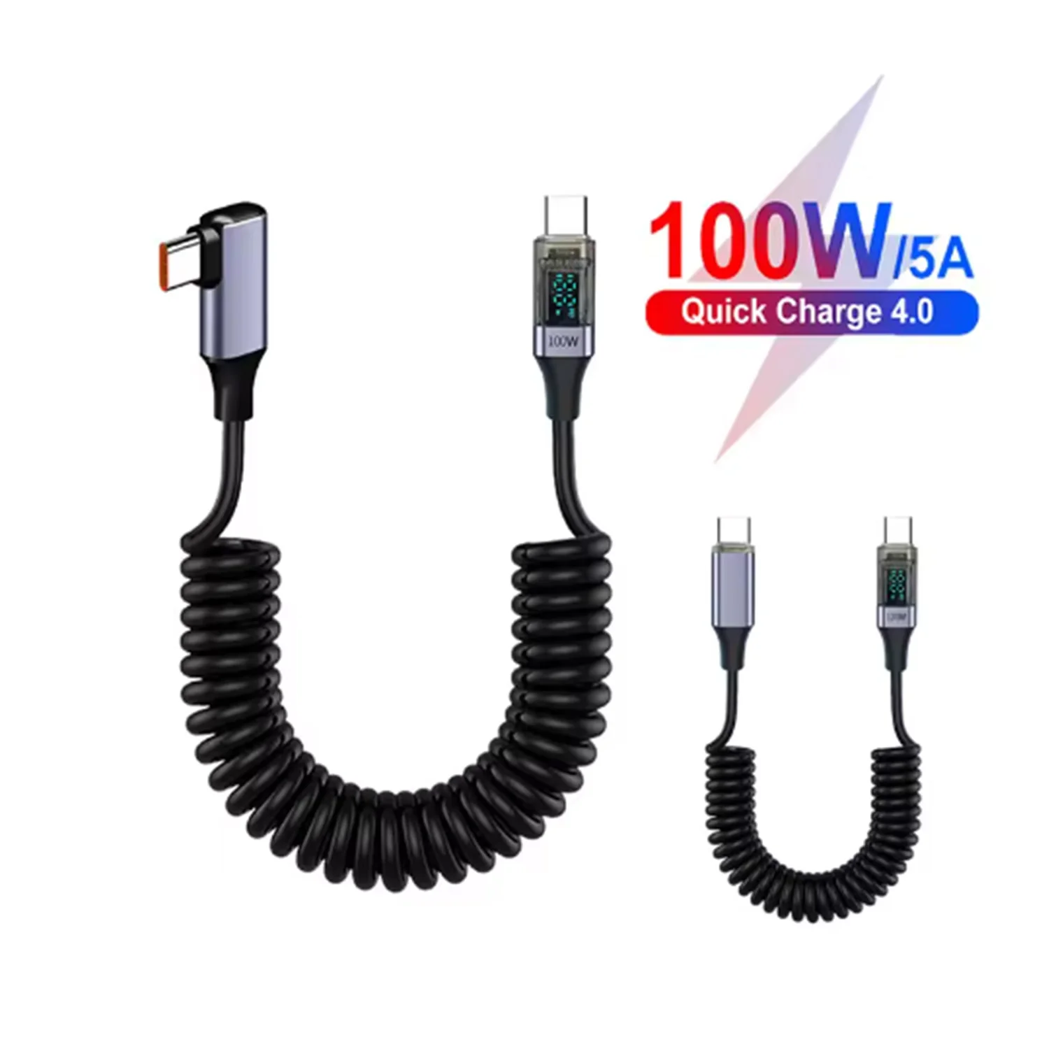 

PD100W Spring USB Type C Data Cable LED Digital Display 5A Type-C Fast Charging Charge Cable For iPhone 15 Pro Max iPad Samsung