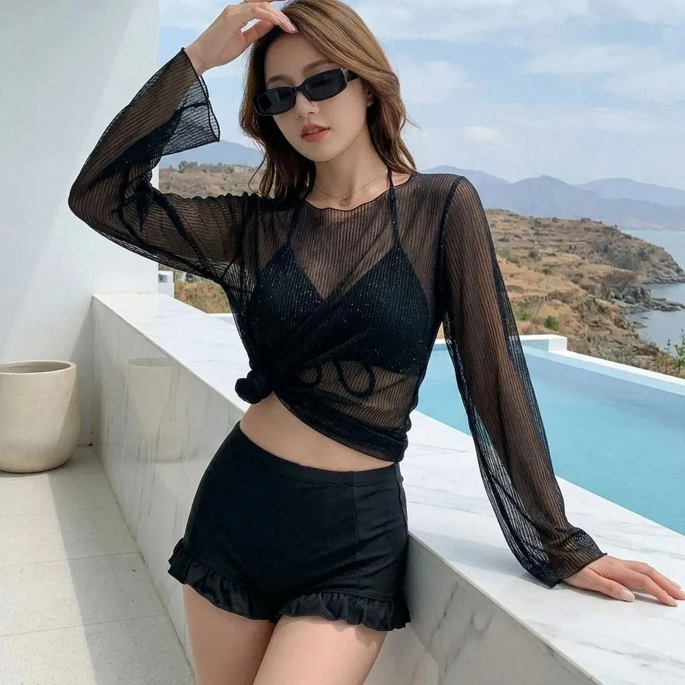 

Пляжный комплект бикини с рюшами, прозрачный пуловер, облегающий купальник с защитой от солнца, на шнуровке, с длинными рукавами, для курортного отдыха