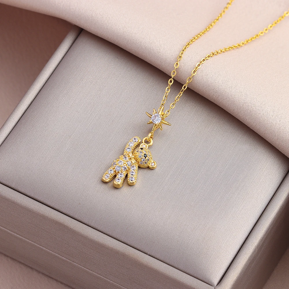 New Lovely Bear Pendant Stainless Steel Necklaces For Women Sweet Cute Female Daily Wear Clavicle Chain Jewelry Girl Party Gift