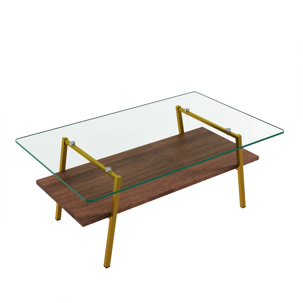 Rectangle Coffee Table Tempered Glass Tabletop with Gold Metal Legs Modern Table for Living Room Transparent Glass