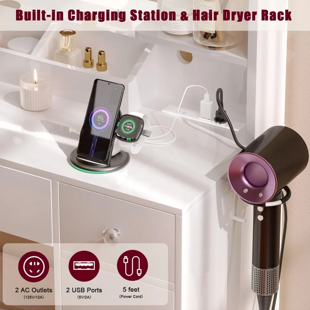 조명 거울이 있는 고급 화장대, 3색 LED 화장대 세트, 서랍이 있는 흰색 수납 책상, 메이크업 스테이션