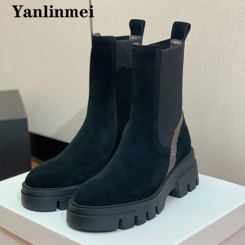 

High Quality Suede Leather Motorcycle Boots Woman Round Toe Slip-on Flat Ankle Boots String Bead Thick Sole Short Boots Women