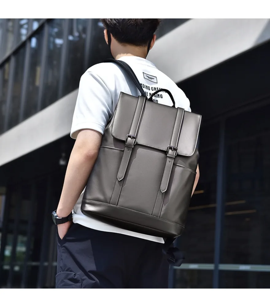 Silver gray smooth PU backpack dual adjustable leather buckle straps double side open pockets fine edge stitching vintage