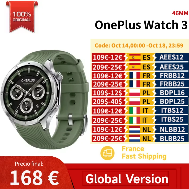 Versión global OnePlus Watch 3 Reloj inteligente Pantalla AMOLED de 1,5 pulgadas Memoria de 32 GB Snapdragon W5 Wear OS de Google IP68