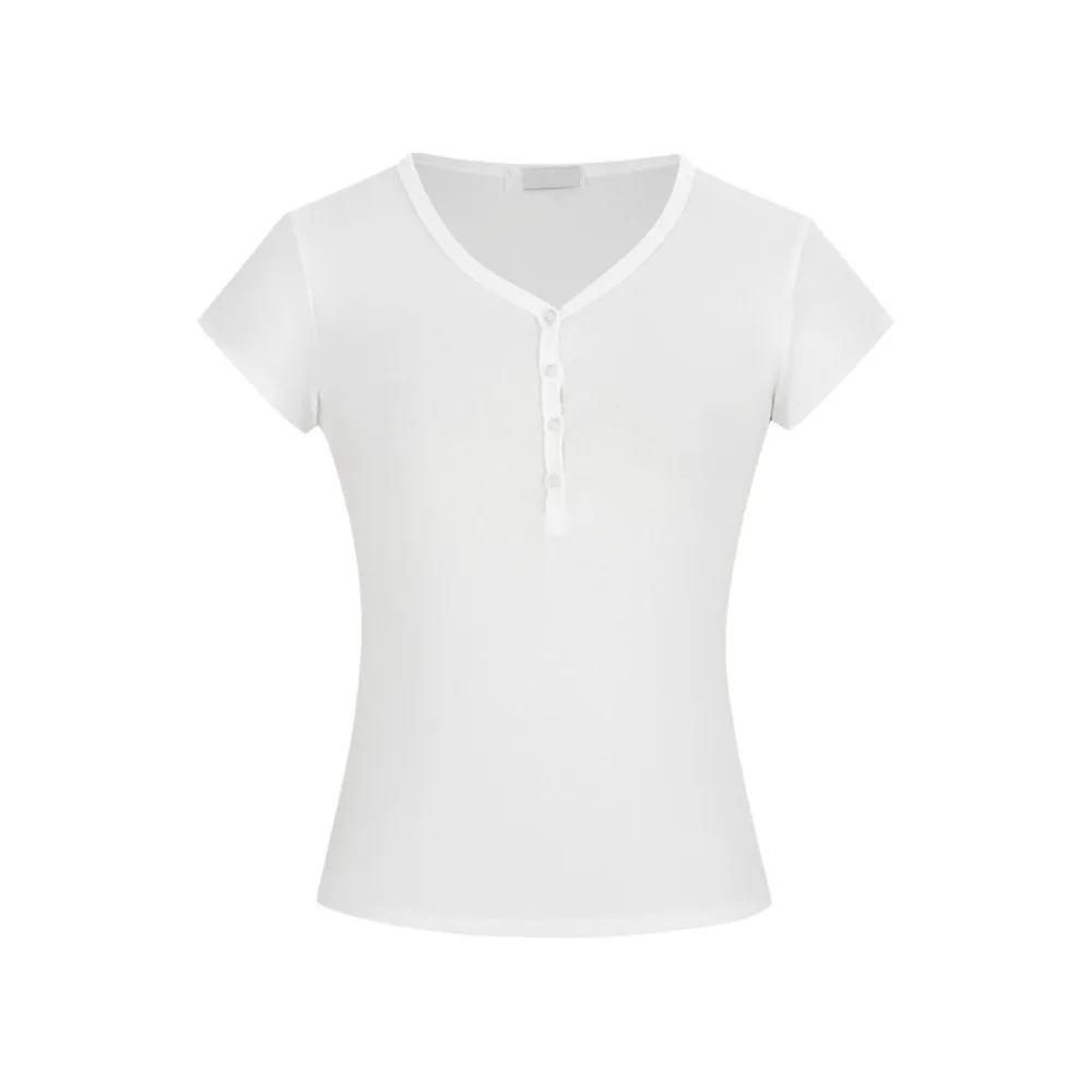 

Sweet Slim Fit Short Sleeve T-shirt Button Solid Color Crop Top Women Chic Simple V-neck Tees Top Streetwear