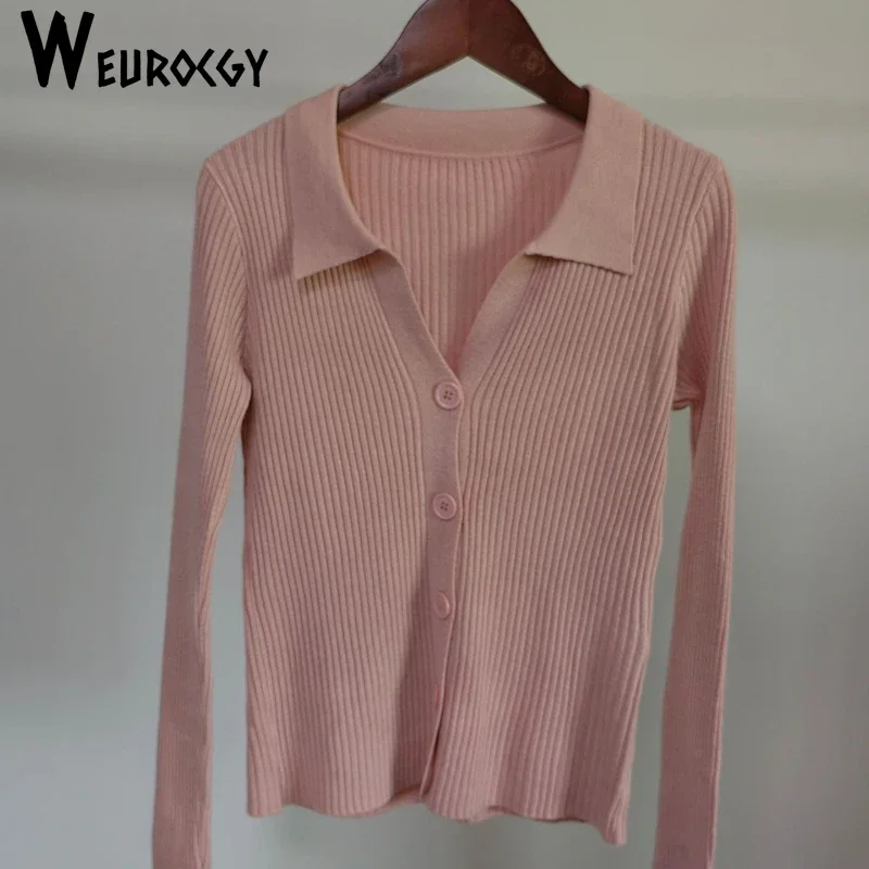 2024 Autumn Winter New Lapel Slim Fit Slim Top Ladies Cutout Buttons Sexy V Neck Long Sleeve Polo Neck Knit Cardigan Sweater