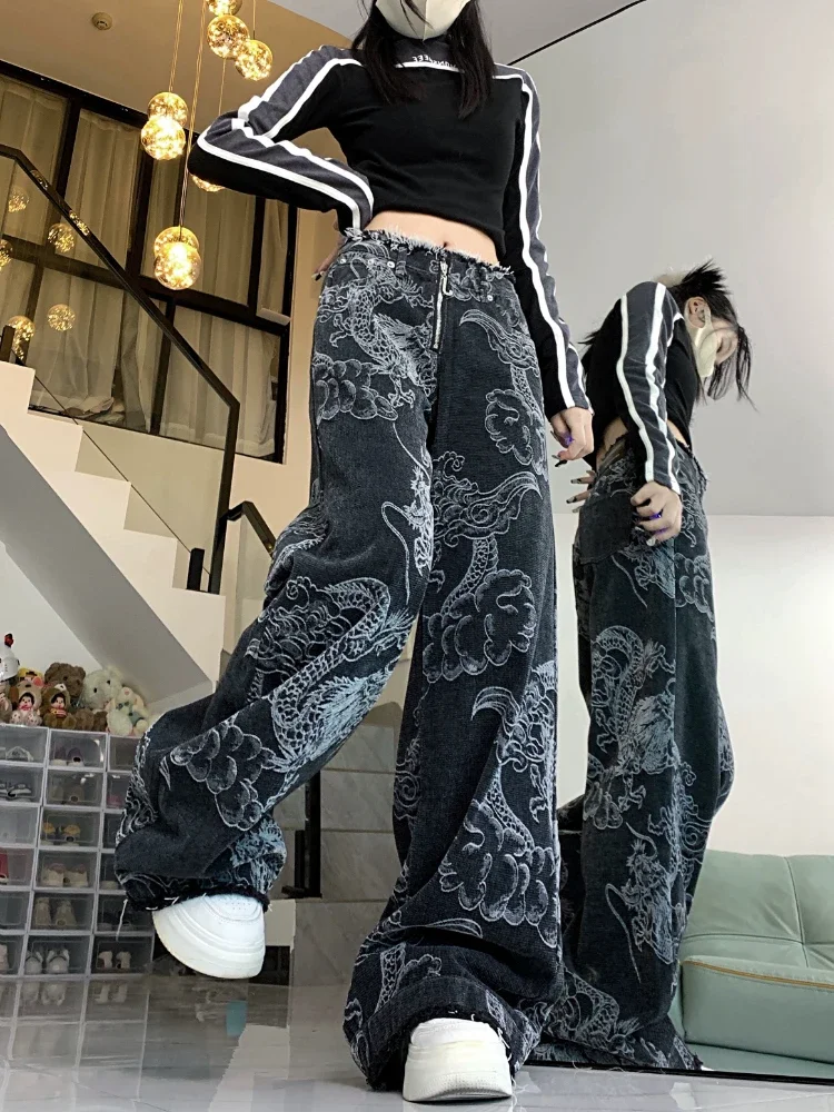 ADAgirl Chinese Style Jeans Women Y2k Vintage Baggy Dragon Print High Waist Zip Wide Leg Denim Pants Hip Hop Causal Kpop Bottoms