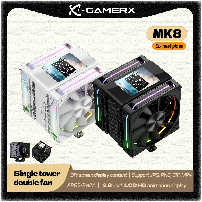 

Power Train X-Gamerx Fengbo MK8 ARGB air-cooled CPU radiator six heat pipe PWM single tower double fan 2.8-inch LCD screen DIY