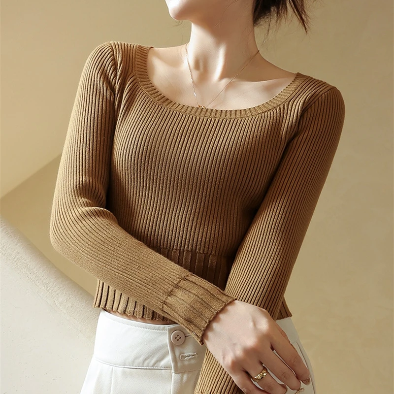 

Square Neck Knitted Sweater Women's Elegant 2023 Autumn/Winter Solid Slim Basic Bottom Sweater Long Sleeve Short Top Pullover