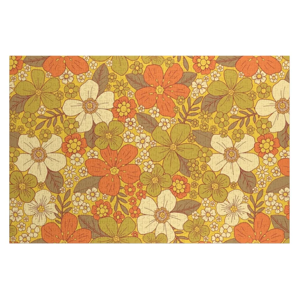 

Retro 60s/70s Orange & Olive Green Floral Jigsaw Puzzle Wooden Boxes Personalized Gift Married Customizable Child Gift Puzzle