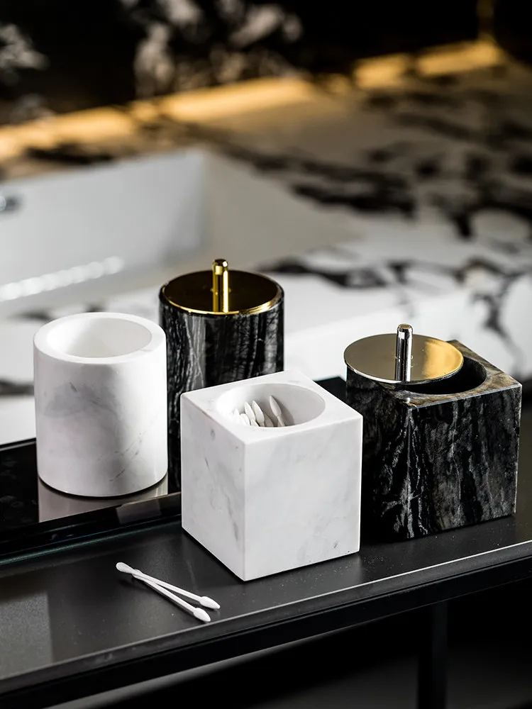 High-end Marble Cotton Swab Holder Bathroom Cosmetics Storage Box Home Marble Jewelry and Toothpick Storage Box Home Decoration