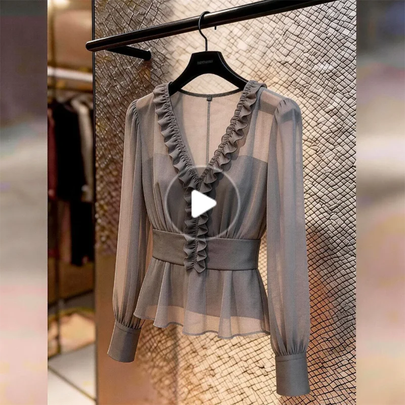 

Gray V-Neck Ear Design Long Sleeve Top Women's Fashionable Transparent Daily Shirt Summer New Arrival 2026