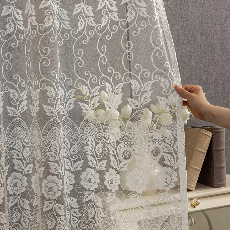 Elegant White Rose Lace Sheer Curtain Vintage Transparent Voile Grommet Curtain for Bedroom Living Room Window Home Decoration