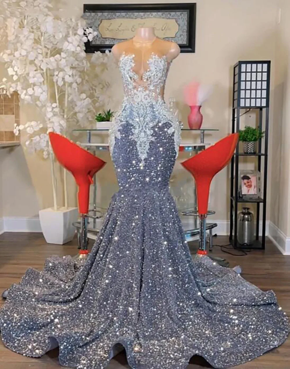 Gorgeous Long Mermaid Prom Dresses 2026 Sexy Sheer Mesh 3D Lace Beaded Sparkly Silver Sequin Black Girls Prom Gowns