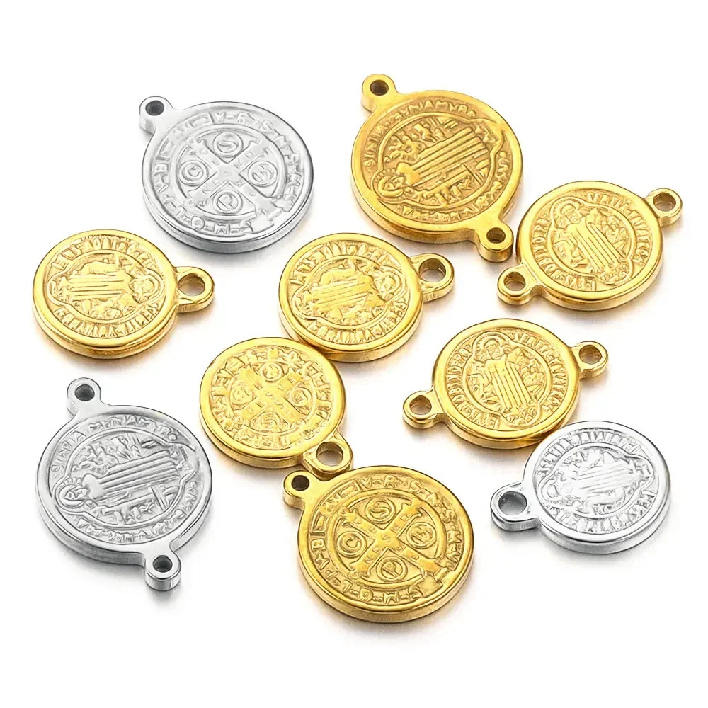 

5pcs Stainless Steel Gold Plated Charm Coin Connector Catholic Virgin Mary Jesus Christian for DIY Bracelet Making Supplies Bulk