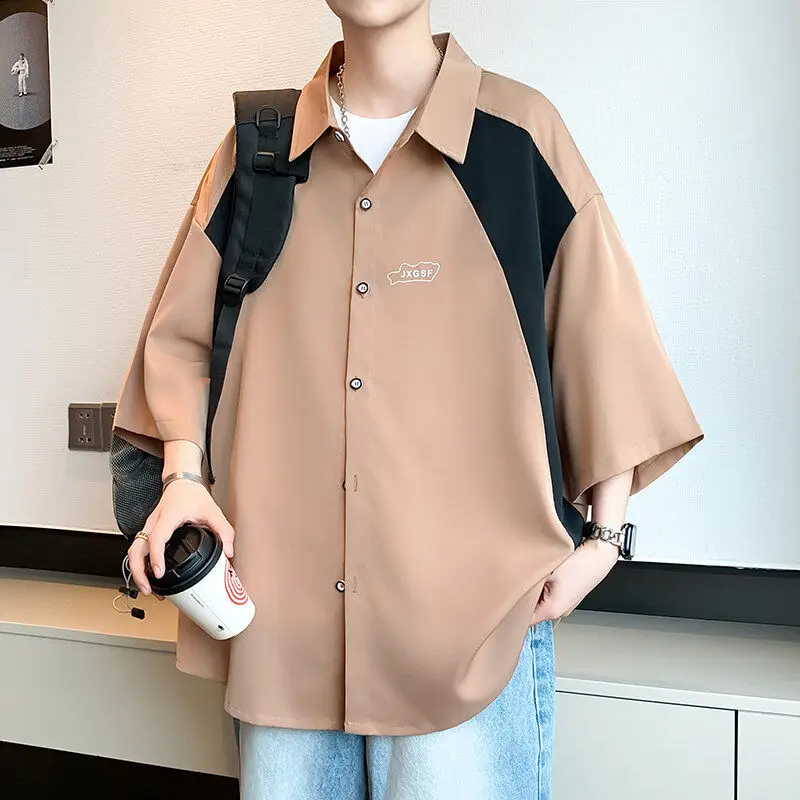 New Casual Stylish Half Sleeve Shirt Jacket for Teenagers Summer Ice Silk Men's Fashion Short Sleeve Shirt Loose Fit Thin Model