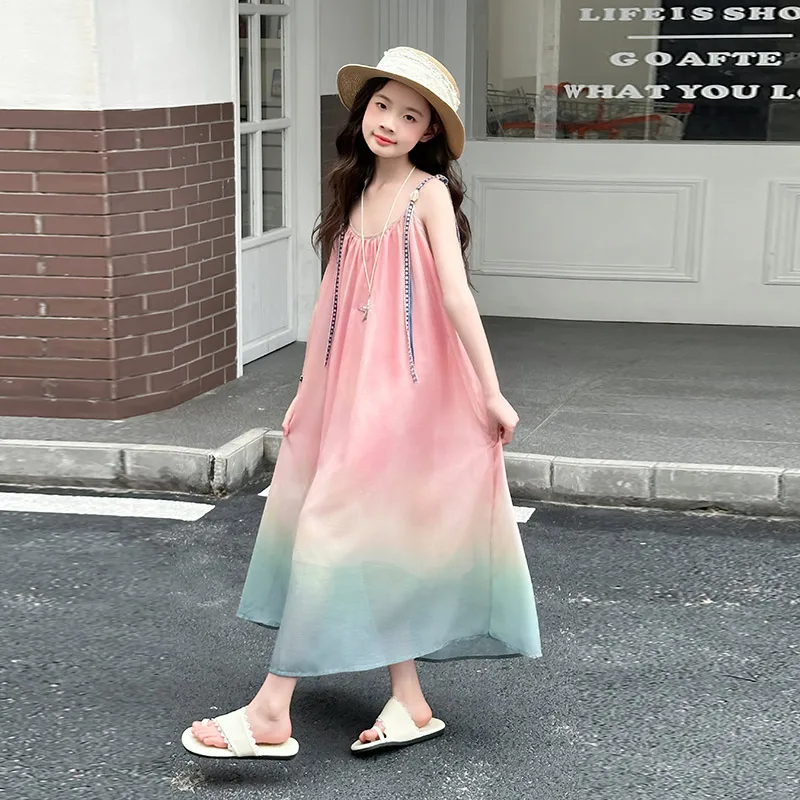 

French Style Kids Designer Luxury Pink Gradient Beach Dress for Girls Elegant Vintage Vacation Clothing Child Sleeveless Dresses
