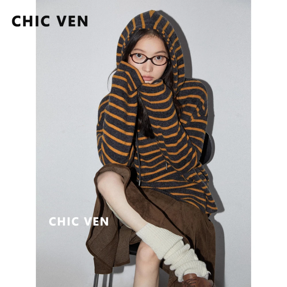 

CHIC VEN Women Sweaters Loose Hooded Drawstring Contrast Striped Long Sleeved Jumpers Pullovers Female Top Autumn Winter 2025