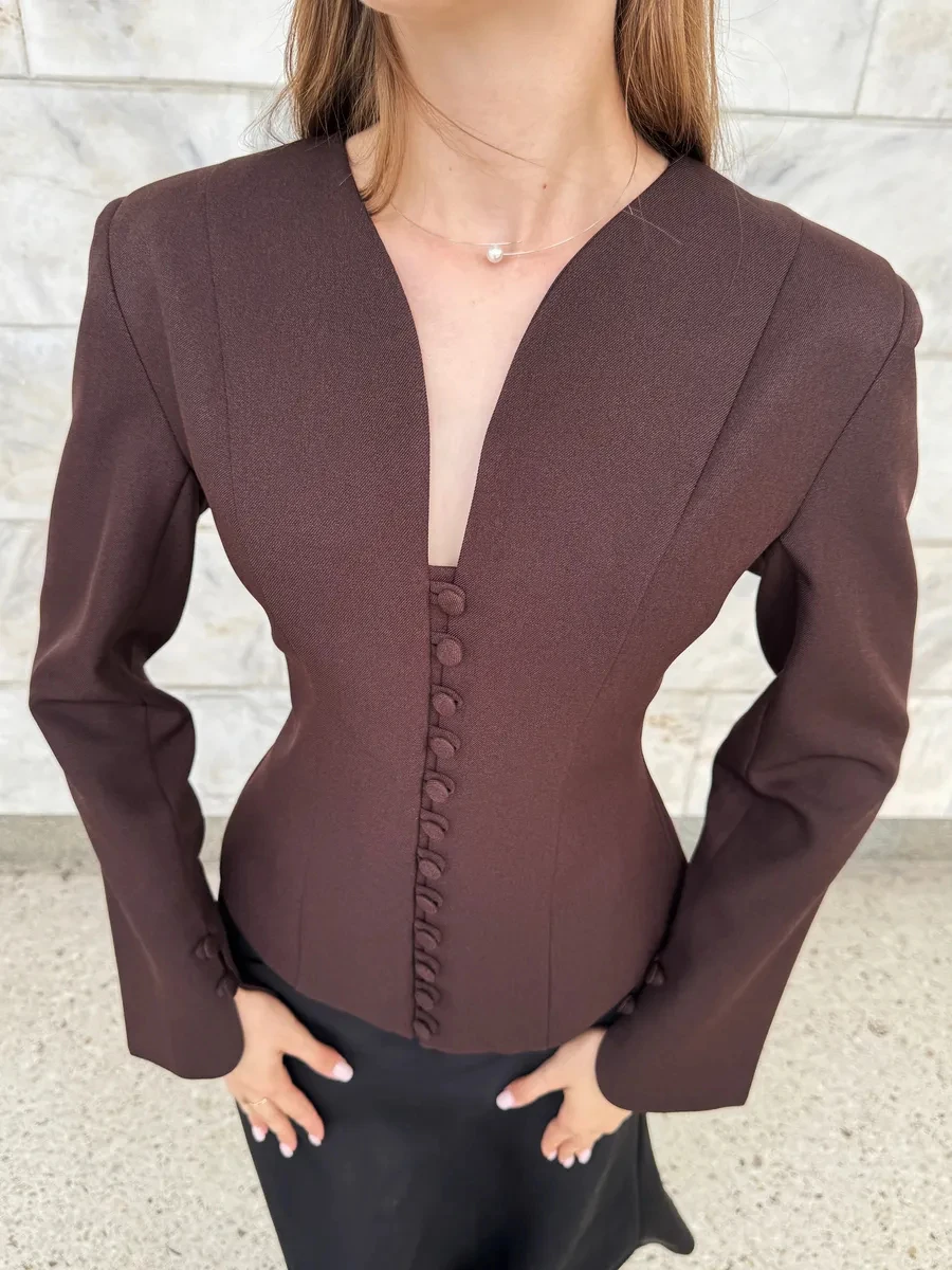 Blazer Elegante de Manga Larga con Cuello en V y Corte Entallado para Mujer, Color Sólido, Primavera-Otoño 2026, Traje de Oficina para Damas, BJTZ