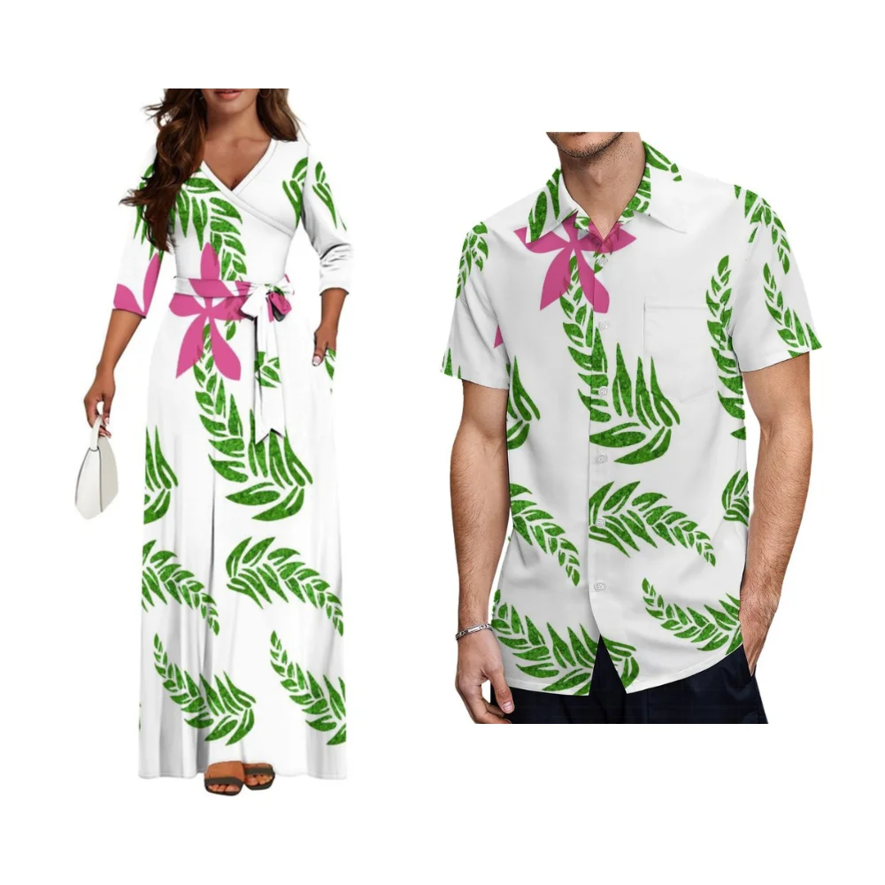 Aanpasbare Polynesische Paar Set Vrouwen Slanke Jurk Mannen Shirt Samoa Hawaii Print Tropische Datum Nacht