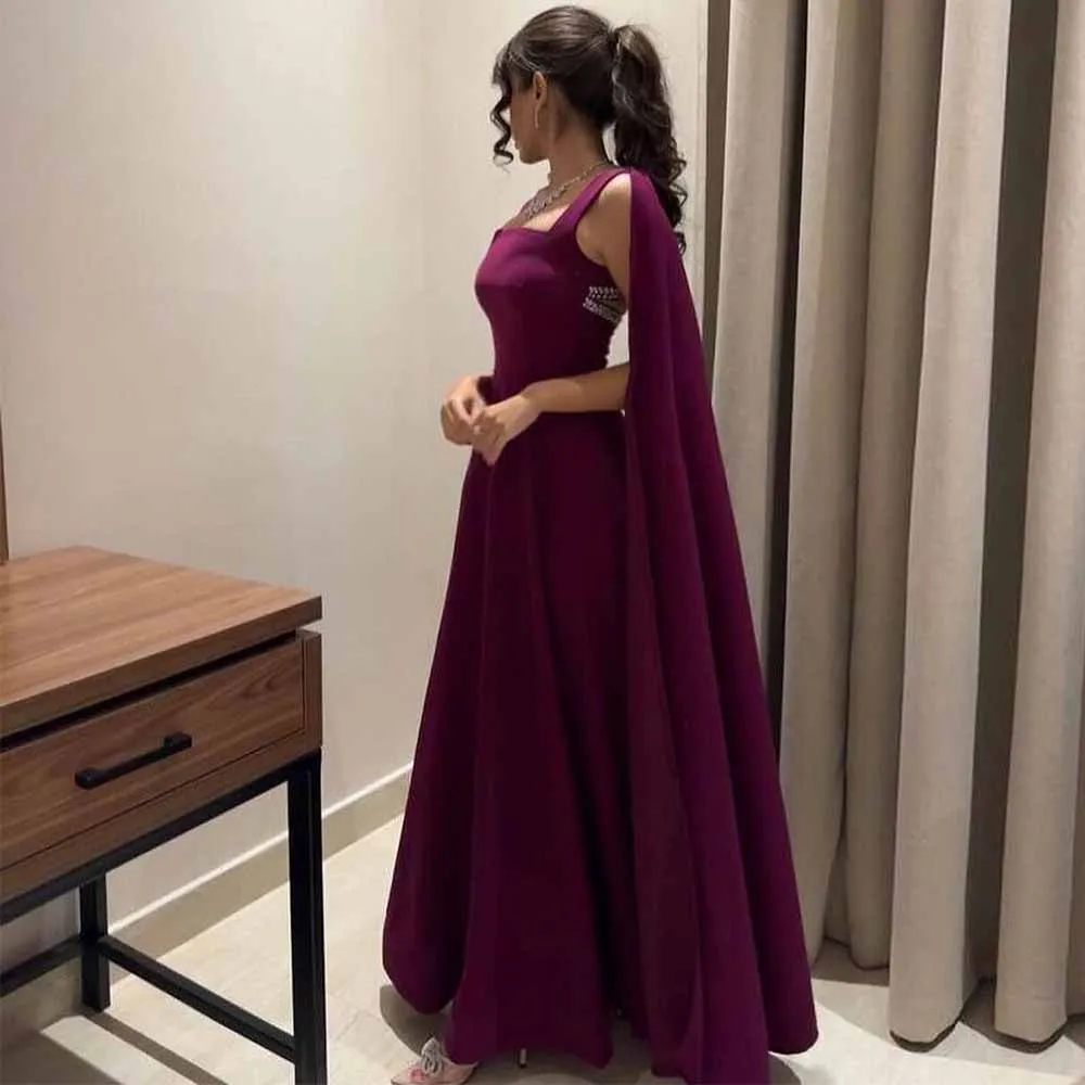 

Saudi Arabia Women's Evening Dresses Jersey A-line Prom Dress Purple Square Neck Pearls Draped Ruched Hollow Party Gown Maxi