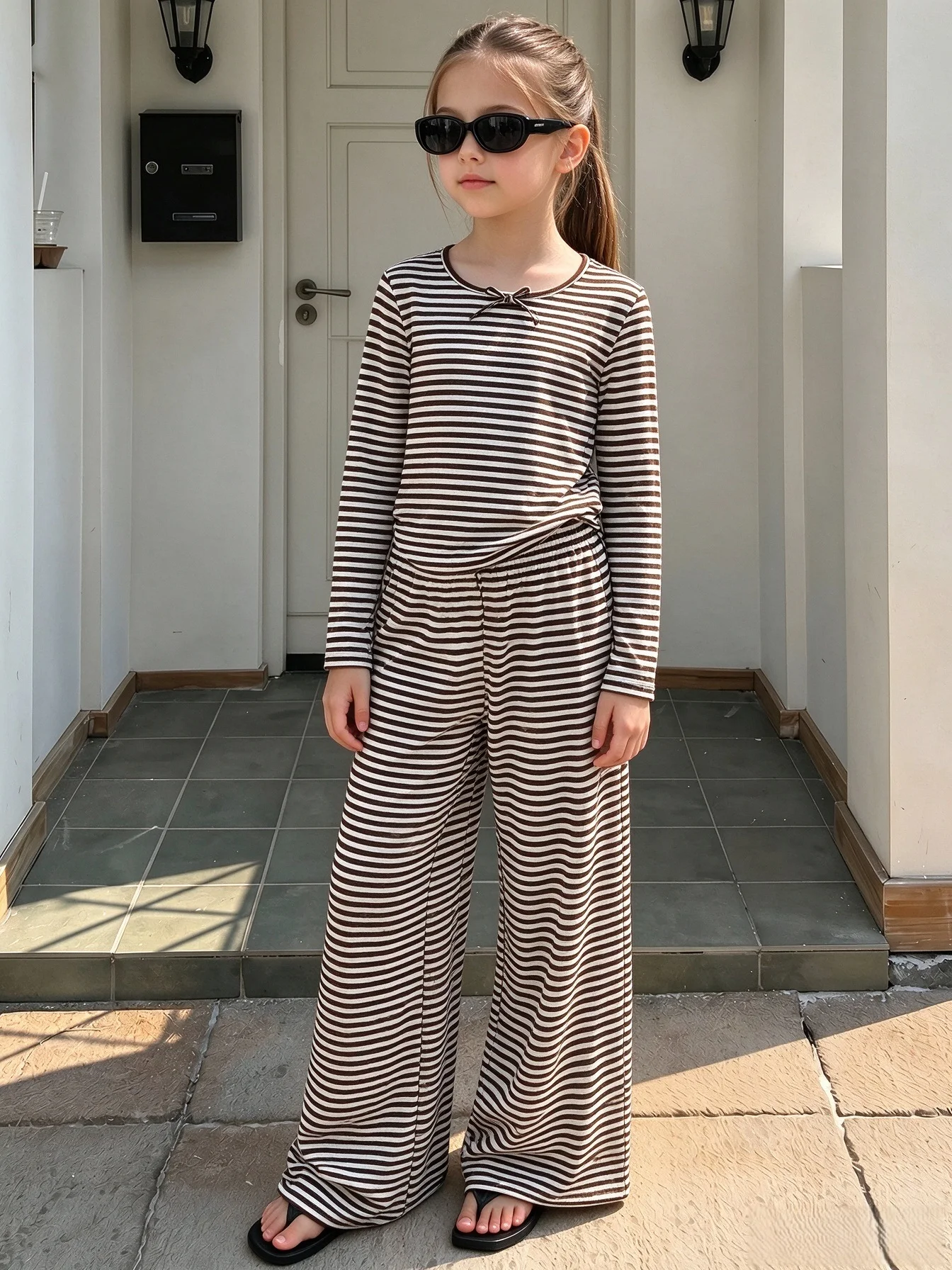 Two-Piece Set for Girls Aged 7-12, Brown and White Striped, U-Neck Long Sleeves, Wide-Leg Flared Pants, Stretchy Soft Knit, Fashionable Casual Outfit, Fall Back-To-School Clothing