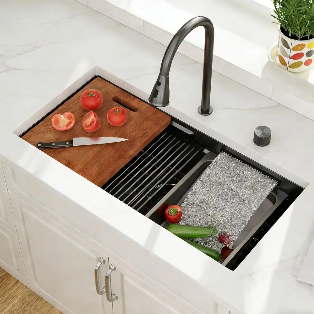 

33 Inch Waterall Kitchen Sink Black Undermount Kitchen Sinks Workstation StainlSteel 16 Gauge Single Bowl NANO-PVD Handmade Unde