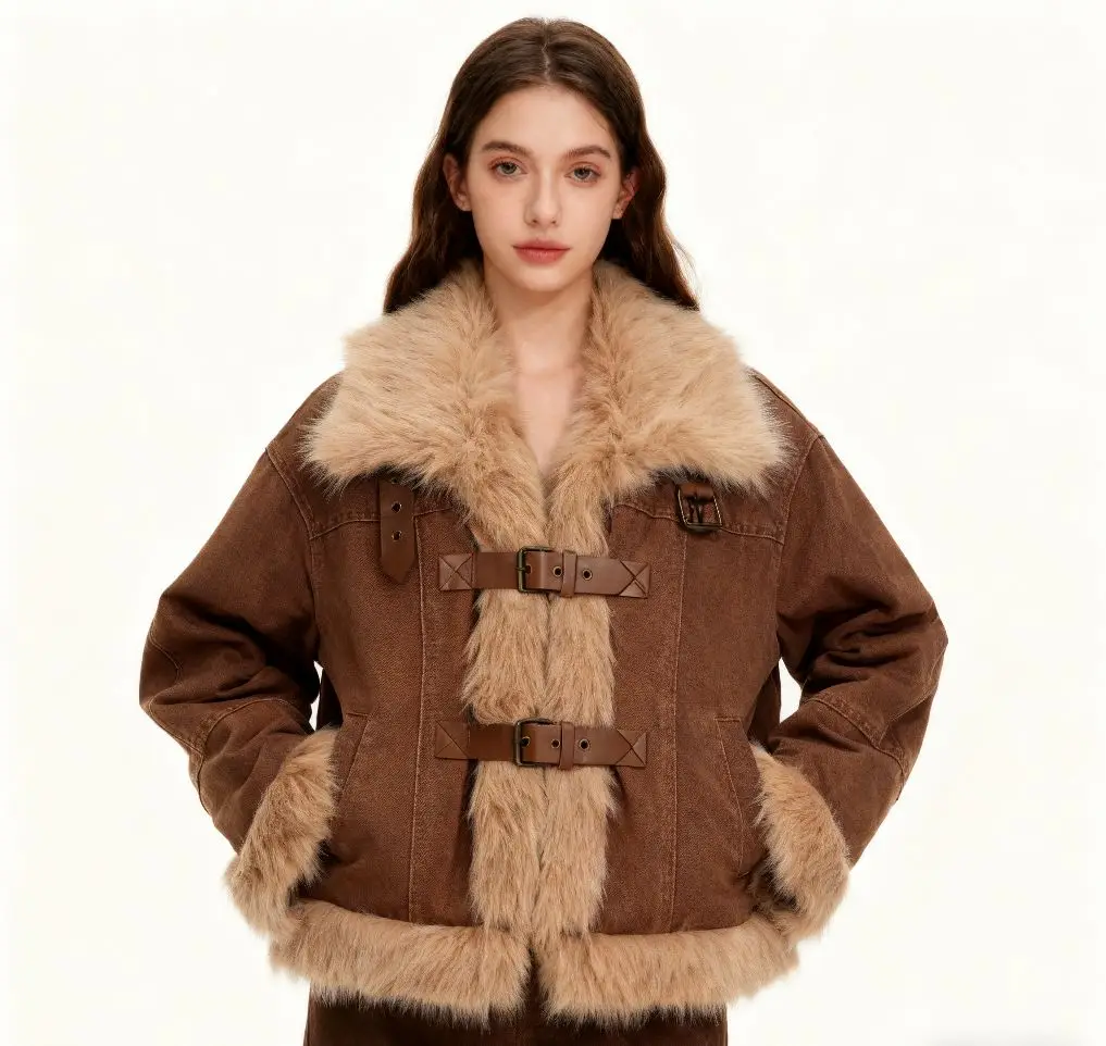 

Denim Coats For Woman Lapel Long Pink Sleeve Jackets Female Fur Plush Womens Fall Sashes Padded Subcultural Festival Outing Chic