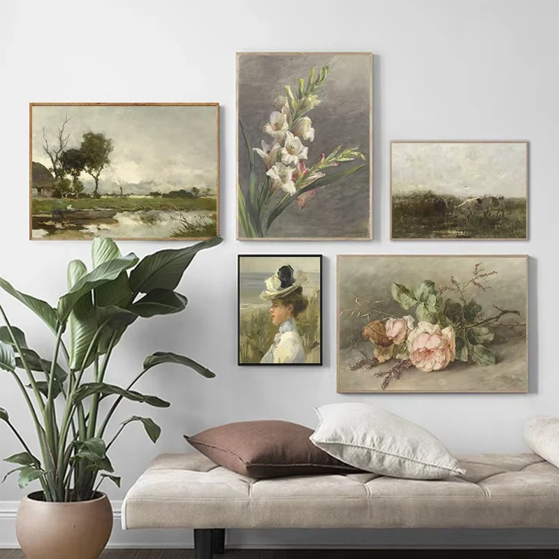 Vintage Land Landschaft Blume Frau Malerei auf Leinwand Poster neutrale Bauernhaus Wand Kunstdrucke Bilder Home Dekoration