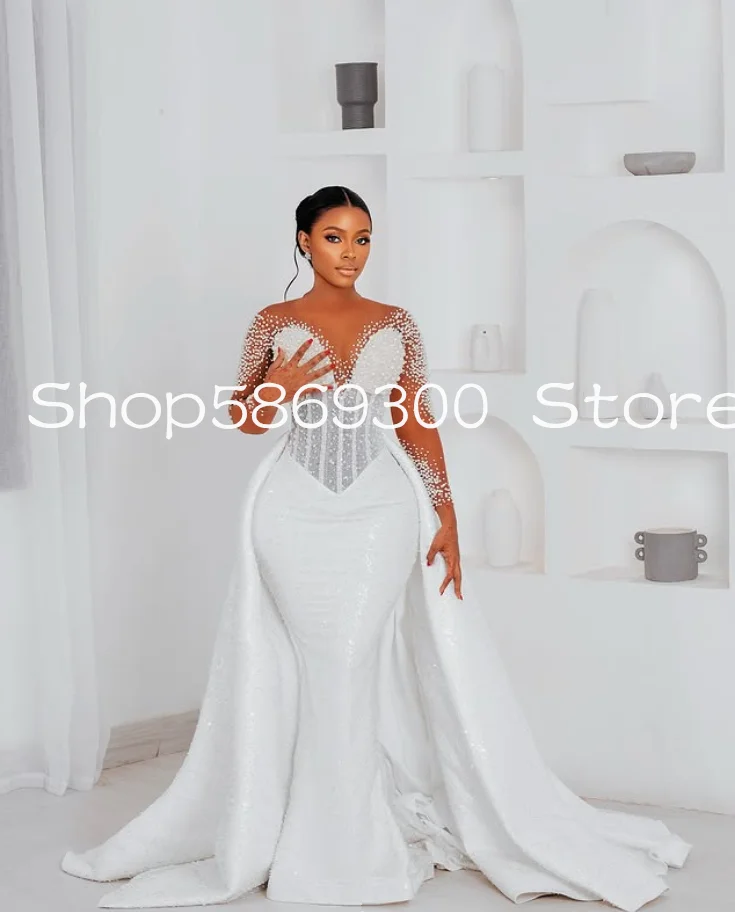 Sparkly Mermaid Church African Wedding Dresses with Detachable Train Pearls Beaded Long Sleeve Bridal Gown Outfit Customsized
